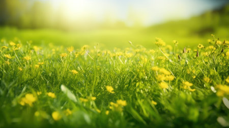 spring summer natural background. Juicy young green grass and wild yellow flowers on the lawn outdoors in the morningの素材