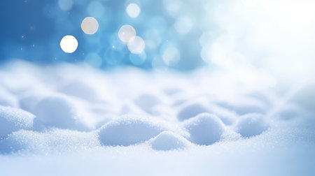 Winter snow background with snowdrifts, with beautiful light and snow flakes on the blue sky, beautiful bokeh circles, banner format, copy spaceの素材