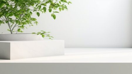 Light minimal geometric background with pedestal. Mockup for natural product presentation. Branches of fresh greenery on white wallの素材