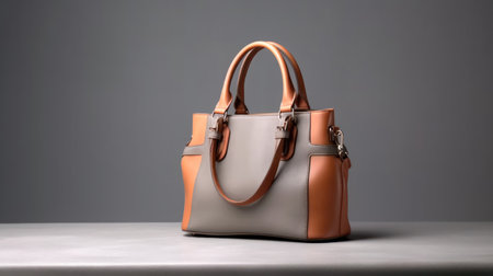 Beautiful trendy smooth youth women's handbag in brown and gray color on a gray studio backgroundの素材