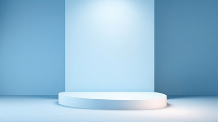 Podium of an interesting shape against a light blue wall with beautiful backlighting. Trendy background for presentationの素材