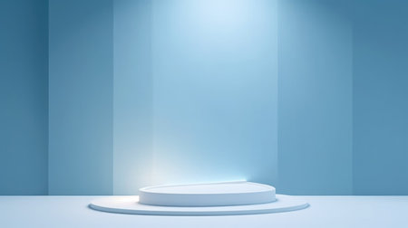 Podium of an interesting shape against a light blue wall with beautiful backlighting. Trendy background for presentationの素材