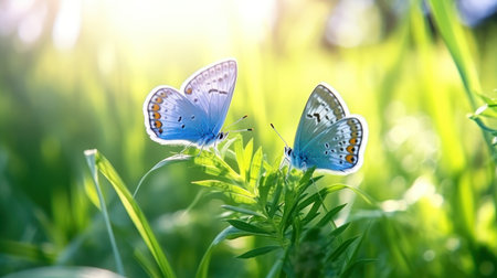 Two blue butterflies Polyommatus icarus in nature outdoors. Butterflies on a spring summer meadow in sunlight in lush grass, macroの素材
