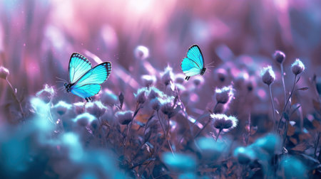 Wild light blue flowers in field and two fluttering butterfly on nature outdoors, close-up macro. Magic artistic image. Toned in blue and purple tonesの素材
