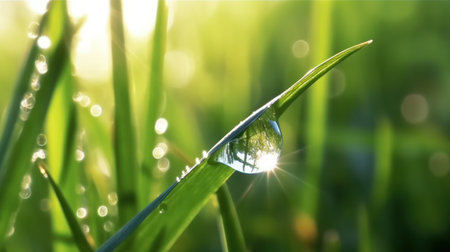 A beautiful large drop of morning dew in the grass sparkles in the rays of sunlight outdoors in nature. A drop of water on a blade of grass and free space for textの素材