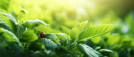 Wide format background image of fresh juicy green leaves and ladybug lit by rays of sun in nature with space for textの素材
