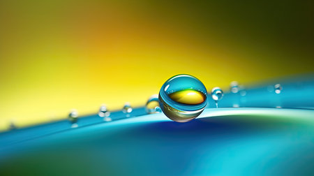 Beautiful clean transparent bright drop of water on smooth surface in blue and yellow colors, macro....