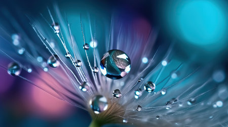 A drop of water on dandelion parachute on beautiful dark blue background. Bright elegant colorful artistic image of beauty of natureの写真素材
