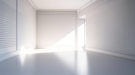 Beautiful light empty wall in a room with a perspective. Minimalistic interior background for presentationの写真素材