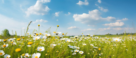 Beautiful, sun drenched spring summer meadow. Natural colorful panoramic landscape with many wild flowers of daisies against blue sky with cloudsの写真素材