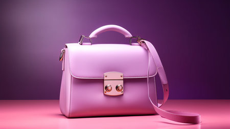 Beautiful trendy smooth women's handbag briefcase in pink color on a violet studio backgroundの写真素材