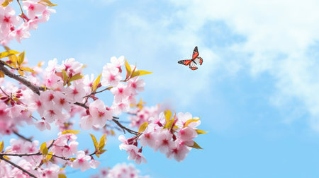 Branches blossoming cherry on background blue sky, fluttering butterflies in spring on nature outdoors. Pink sakura flowers, amazing colorful dreamy romantic artistic image spring nature, copy spaceの写真素材