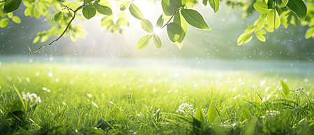 Natural summer spring landscape frame with wet green grass with morning dew and fresh juicy foliage...