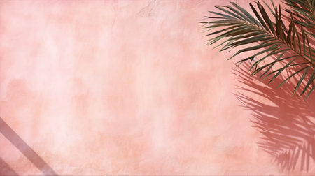 Shadow, palm leaves on pink wall with a beautiful plaster textureの写真素材