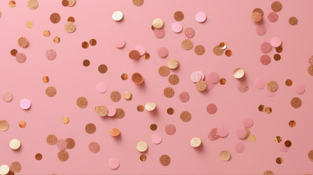 Golden pink sparkles on pink background. Light pink minimalistic festive glamorous background with scattered metal glitter in delicate pastel colorsの写真素材