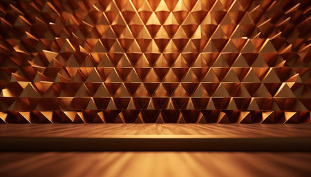 A beautiful 3D background with a textured wall with voluminous golden brown triangles and smooth podiumの写真素材