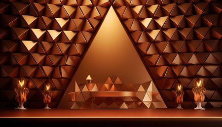 A beautiful 3D background with a textured wall with voluminous golden brown triangles and smooth podiumの写真素材