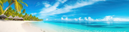 Beautiful beach with white sand, turquoise ocean, blue sky with clouds and palm tree over the water on a Sunny day. Maldives, perfect tropical landscape, ultra wide formatの写真素材