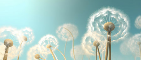 Beautiful fantasy abstract 3D dandelions close up on a light blue background. Light delicate summer spring floral backgroundの写真素材