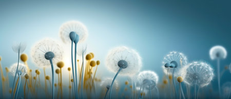 Beautiful fantasy abstract 3D dandelions on a light blue background. Light delicate summer spring floral backgroundの写真素材