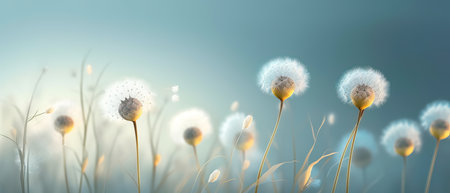 Beautiful fantasy abstract 3D dandelions on a light blue background. Light delicate summer spring floral backgroundの写真素材