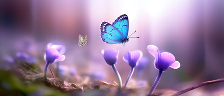 Beautiful purple blue butterfly on an anemone forest flower in spring nature, close-up macroの写真素材