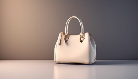 Beautiful trendy smooth youth womens handbag in cream color on a light grey studio backgroundの写真素材