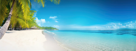 Beautiful tropical beach with white sand, turquoise ocean on background blue sky with clouds on sunny summer day. Palm tree leaned over water. Perfect landscape for relaxing vacation, island Maldivesの写真素材