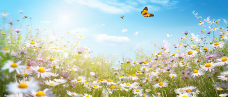 Bright spring or summer cheerful image of field of blooming meadow flowers daisy and butterflies fluttering above it against backdrop of bright blue sky in natureの写真素材