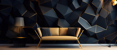 Interior with a beautiful black wall with 3D abstract pattern of polygons and furniture with golden fittingsの写真素材