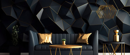 Interior with a beautiful black wall with 3D abstract pattern of polygons and furniture with golden fittingsの写真素材