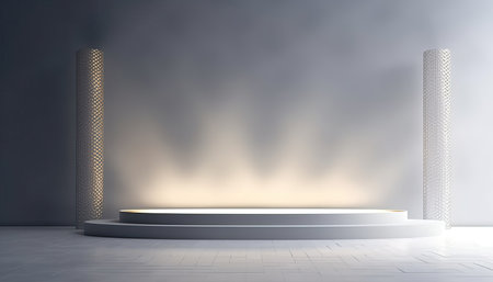 Light gray wall with a podium and beautiful lighting. background for product presentationの写真素材