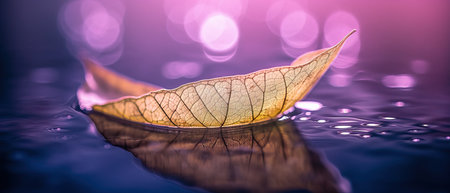 Skeletonized leaf in form of small boat with reflection in wet surface in nature. Artistic natural...