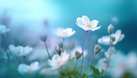 Spring forest white flowers primroses on a beautiful blue background. macro. Blurred gentle sky-blue background. Floral background desktop wallpaper a postcard. Romantic soft gentle artistic imageの写真素材
