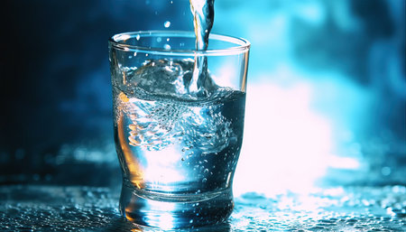 A stream of clear transparent cold water is poured into a glass beaker on a blue background with...
