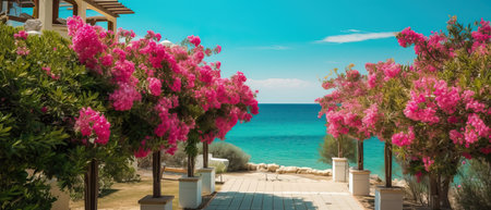 Beautiful resort promenade with blooming colorful oleanders against backdrop of Mediterranean Sea...