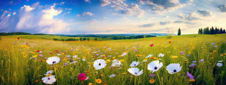 Beautiful summer colorful panoramic landscape of flower meadow with daisies against blue sky with cloudsの写真素材