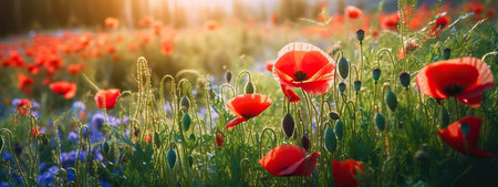 Colorful spring summer landscape with red poppy flowers in meadow in nature glow in sun. Selective focus, shallow depth of fieldの写真素材