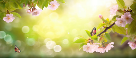 Fresh natural green spring background with border of blossoming sakura branches and fluttering...