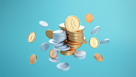 money saving concept, Bundles cash and floating coin isolate on blue background. 3d rendering