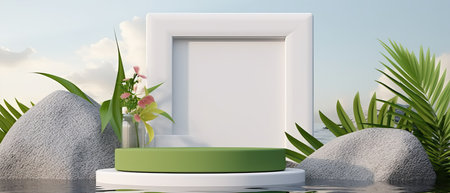 podium display with tropical plant and stone on water background, Cosmetics or beauty product...