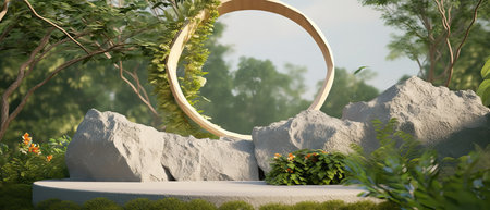 stone product display podium with green nature garden background, 3d renderingの写真素材