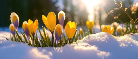 The first spring flowers yellow crocuses on the snow in nature in the rays of sunlight close-up macroの写真素材