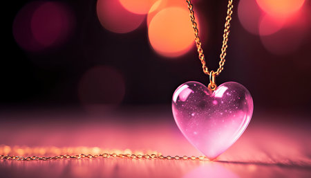 Beautiful background image of a pink heart on a chain against backdrop of festive lights