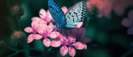 Beautiful blue butterfly on a pink flower in nature, close-up macroの写真素材