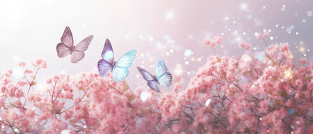 Wild pink flowering fluffy grass in field and two fluttering butterfly on nature outdoors, macro. Magic artistic image. selective soft focusの写真素材