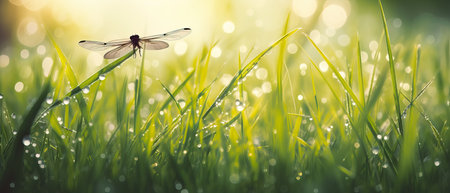Beautiful wide format image of a morning in nature with bright fresh grass with dew drops, dragonflies in flight and soft bokeh from sunlightの写真素材
