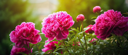 Bright colorful magenta peonies flowers in an outdoor garden with beautiful bokehの写真素材