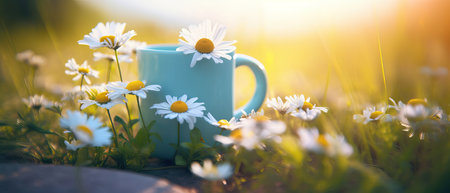 Spring summer natural background with light blue mug with daisies in the meadow.の写真素材
