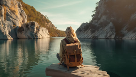 A tourist girl with backpack sitting on stone on the lake in the mountain background. Tourist leads active lifestyle walk on spare time. Hiking trek rest travel trip conceptの写真素材